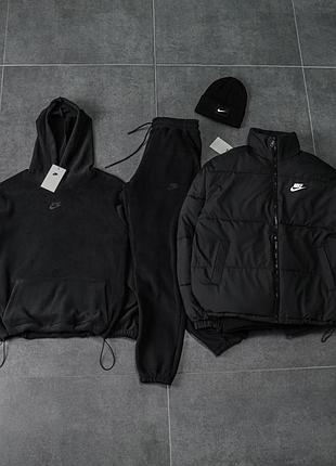 Костюм з мікрофліс пулар + куртка пуховик nike + шапка