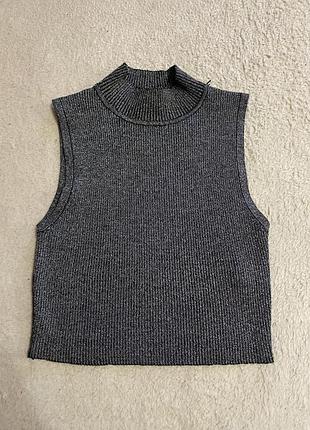 Кроп топ з горлом американка трикотажна в рубчик срібна мелатева з люрексом напиленням металу new look