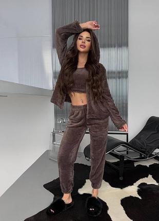 Махровая пижама тройка с кофтой с капюшоном с топом с брюками джоггерами домашний костюм