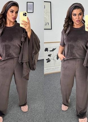 Жіночий велюровий домашній костюм трійка | футболка + штани + халат | 7333