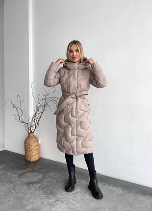 Пуховик довгий беж з капюшоном та поясом зима