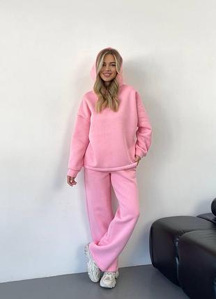 ‼️не кошлатиться‼️теплый костюм на флисе трехнить пенье розовый, утепленный женский спортивный костюм с двойным капюшоном 1695