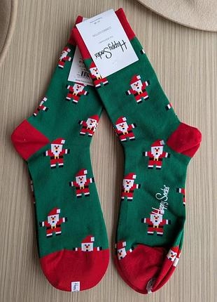 Праздничные мужские носки happy socks зеленые санта демисезонные, зеленый 2701258