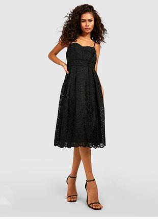 Кружевное платье миди, черное платье миди, на бретелях, размер 44