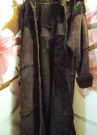 Дублянка натуральна довга майже в підлогу, з капюшоном, колір горький шоколод (фасон рукава реглан)