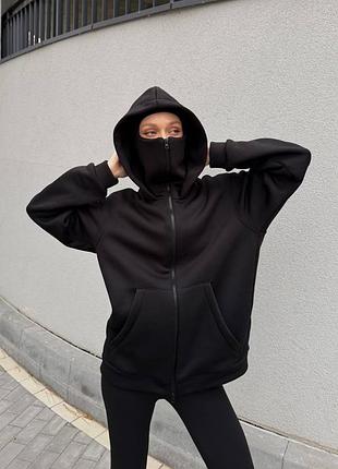 Худі оверсайз на флісі з балаклавою з капюшоном з застібкою на блискавку з кишенею кенгуру
