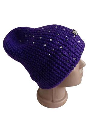 Шерстяная вязаная шапка бини со стразами ручная работа