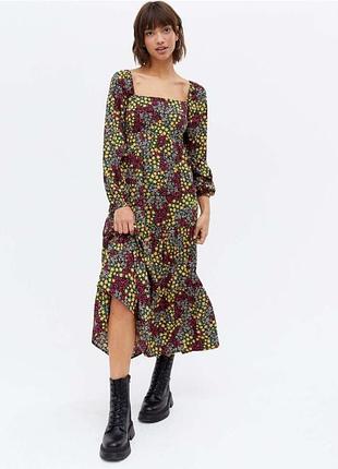 Платье женское черное зеленое цветочное принт миди