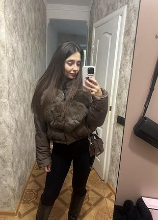 Пуфер короткий з хутром , шоколадного кольору