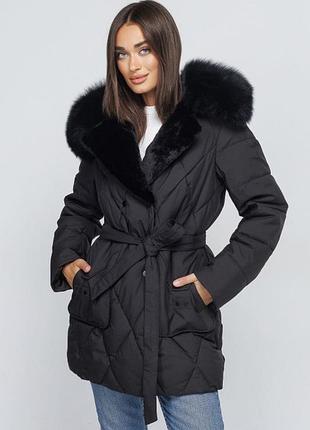 Пуховик жіночий, подовжений з капюшоном з натуральним хутром, та поясом, damader collection, розмір 46,  eu 40, чорна
