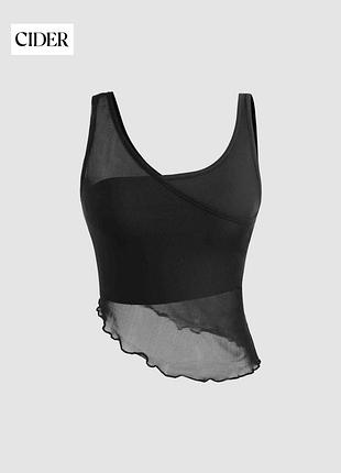 Черный асимметричный кроп топ с сетчатой ​​отделкой ci̇der
