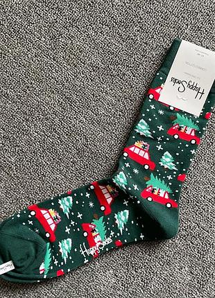 Праздничные мужские носки happy socks зеленые елки демисезонные, зеленый 2701259
