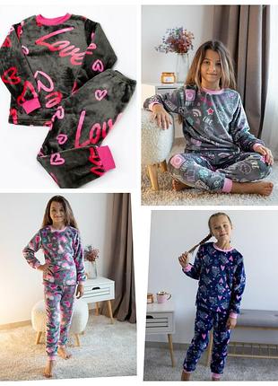 Махровая пижама для девочки с сердечками, плюшевая махровая пижама с сердечками, детская махровая пижама