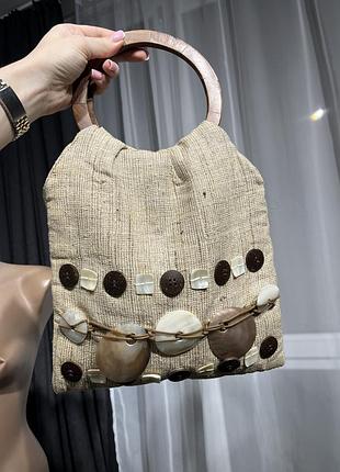 Лляна сумка з ракушками та деревʼяними ручками