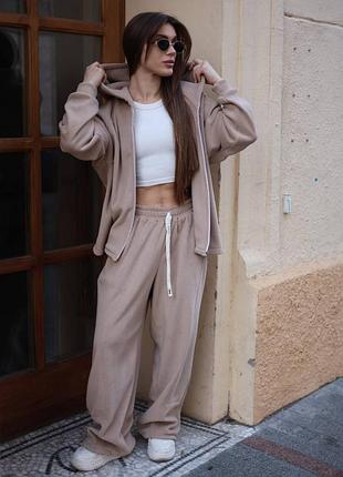 Теплый флисовый костюм оверсайз брюки + кофта с капюшоном бежевый, женский костюм двусторонний флис на осень зима, свободный костюм, 252