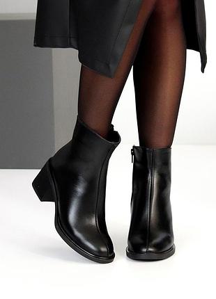 Кожаные женские черные ботильоны на каблуке демисезонные деми на флисе натуральная кожа весна