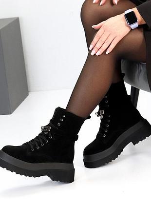 Универсальные замшевые женские черные ботинки зимние ботинки натуральная замша зима