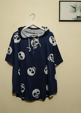 Футболка худи с капюшоном и молнией в черепа, батал, большой размер.