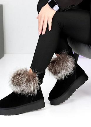 Модные женские черные угги зимние теплые на меху зима