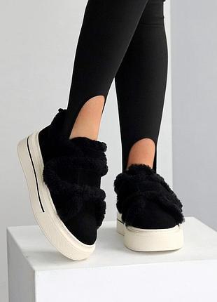 Женские замшевые черные кроссовки зимние теплые на меху натуральный мех натуральная замша зима