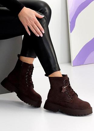 Женские замшевые коричневые ботинки зимние ботинки теплые на меху натуральная замша зима