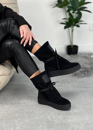Женские зимние полусапоги натуральная замша черные, замшевые женские высокие ботинки, зимние сапоги 15789