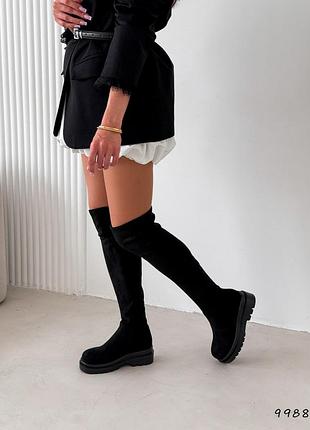 Ботфорты чулок черные эко замшевые зимние на повышенной подошве танкетке подойдут на широкую голень тянутся 9988