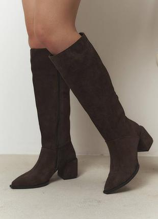 Женские сапоги на каблуке демисезонные коричневые шоколад натуральная замша замневые 11009