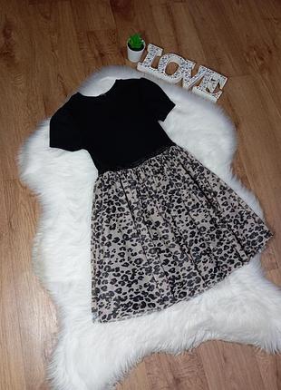 Платье в рубчик с леопардовой фатиновой юбочкой на 7-8 лет