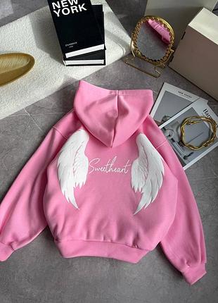 Оригинальное теплое худи трехнитка на флисе накат крылышки розовый мод.1169
