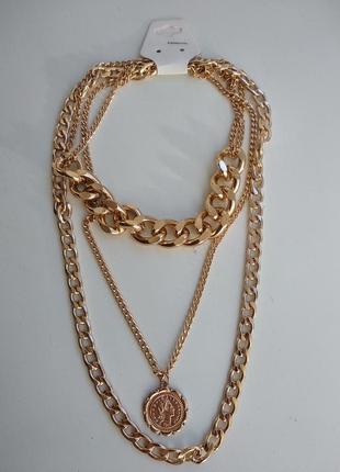 Массивное ожерелье чокер многослойная цепочка цепь колье золотистое с подвеской монета7 фото