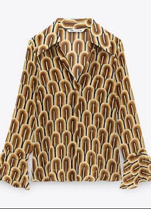 Прозора жіноча блуза в геометричному принті в стилі 70-х від бренду zara в розмірі l