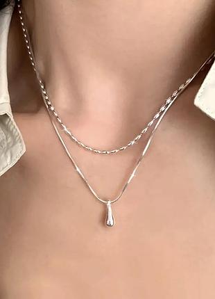 Двойная подвеска с каплей, подвеска капля, колье, кулон, украшение, подарок, цепочка, чокер, подвеска серебро, бижутерия