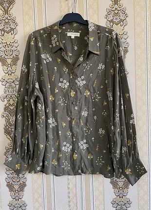 Стильна легка сорочка, хакі рубашка в квітах батал