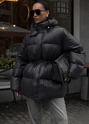 ❗️ 4 кольори ❗️ жіночий теплий пуховик на кулісці з капюшоном біо пух чорний графітовий шоколадний молочний