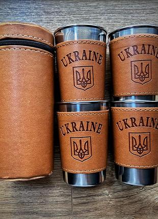 Набор стаканов из нержавеющей стали в кожаном чехле с гербом украины, стопки для пикника, стопки туристические
