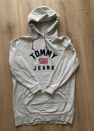 Худи женское tommy jeans серое с начесом, логотип, флаг сша, оверсайз