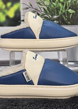 Тапочки женские luck line чуни эко-кожа на меху синие 8213