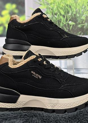 Женские зимние кроссовки gipanis черные с искусственным мехом тедди 8216