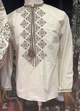 Вышитая рубашка мужская бежевая коричневая вышиванка