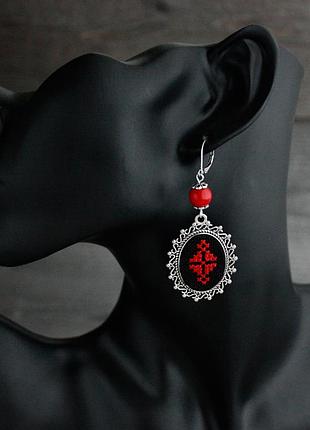 Этнические черные красные серьги с вышивкой к вышиванке