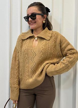 Турецкий оверсайз свитер мирер с воротничком поло на бусине в узоры косы