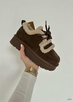 Черевики зимові на платформі шоколад з натуральної замші