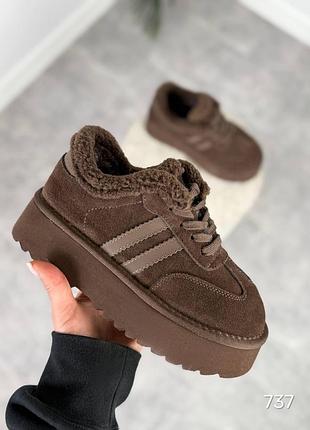 Натуральная замша, коричневые женские зимние спортивные ботинки