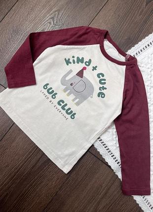 Лонгслів реглан тоненький 9-12 міс 80 см з слоником молочна середина бордові рукави