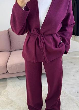 Костюм двійка жіночий кофта кімоно з поясом і штани молочний марсала чорний 42-52
