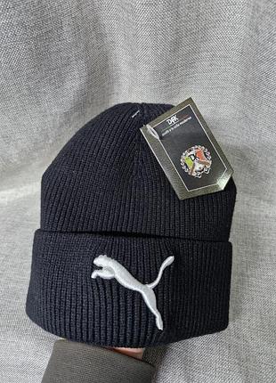 Шапка бини кашемир черная с отворотом, мужская шапка, шапка пума, шапка бини черная классика