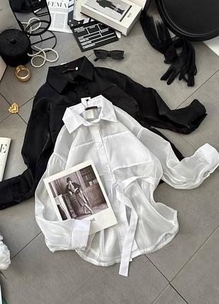 Жіноча стильна блуза прозора зі вставкою на грудях органза чорна, біла