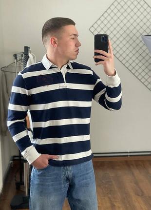 Темно синя регбійка томмі халфігер в смужку, полоску, кофта, поло довгий рукав