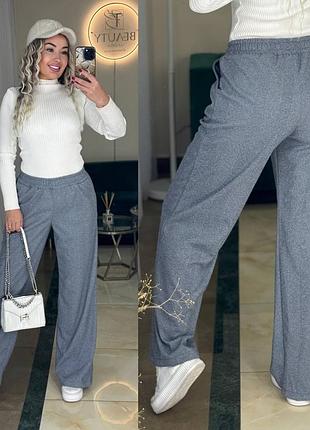 Теплые кашемировые брюки брючины палаццо с принтом елочка с резинкой в поясе с карманами